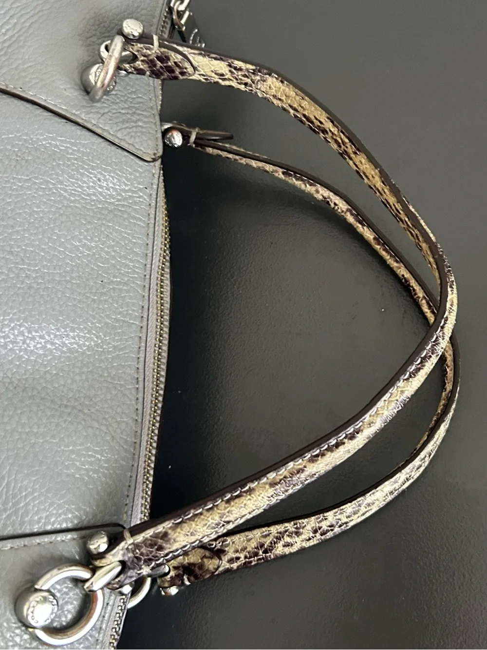Coach Prairie Satchel Gray Pebbled Leather Crossbody Shoulder Bag Snake Trim